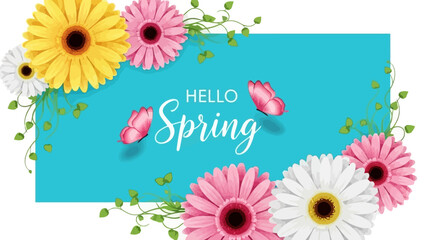 A vibrant floral frame with colorful gerbera daisies and butterflies welcoming the arrival of the spring season