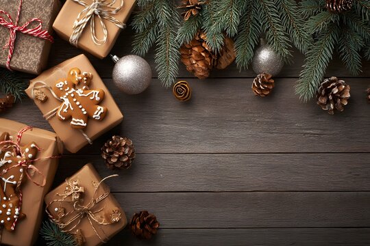 Festive holiday Christmas decoration with gifts and gingerbread man.