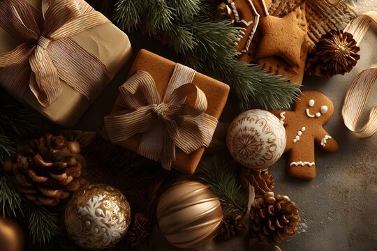 Festive holiday Christmas decoration with gifts and gingerbread man.