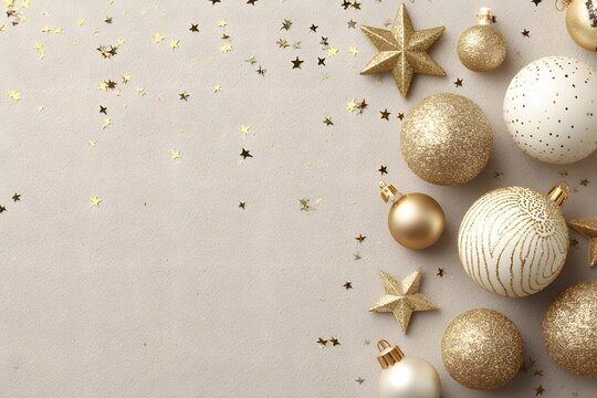Christmas festive ornaments in gold and white with flatlay copyspace concept