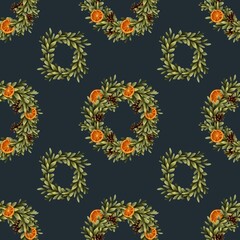 Dried Orange, Greenery and Pine Cone Christmas Seamless Pattern. Hand-painted watercolor festive design for gift wrap, textiles, stationery, cards and cozy winter decor