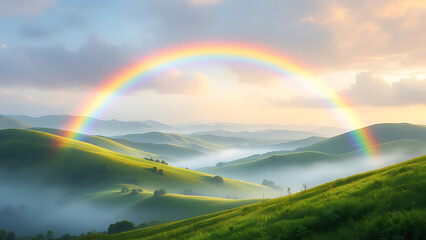 Fototapeta premium Realistic rainbow arching over a misty hill landscape with dreamy colors