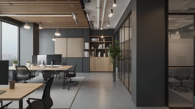 Modern Office Space with Desks and Chairs.