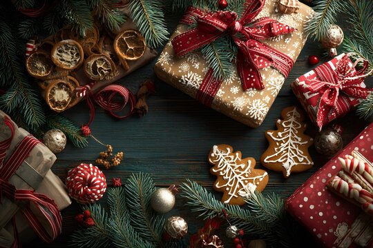 Festive holiday Christmas decoration with gifts and gingerbread man.