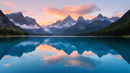 Realistic mountain view at sunset with reflections shimmering on a still lake