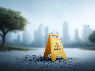 Serious yellow warning sign with danger symbol signals caution and risk. This safety alert on cracked urban street with city background