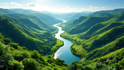 Realistic aerial top view of a winding river landscape with lush terrain