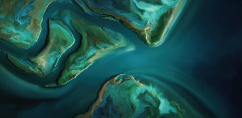 Abstract Aerial of Aqua Terrain: A captivating aerial perspective showcases an abstract terrain with flowing rivers.