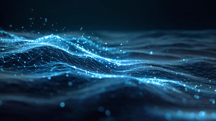 A mesmerizing digital depiction of flowing blue waves, composed of interconnected luminous particles, symbolizing data flow and technological advancement.