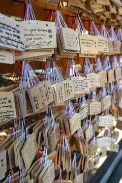Ema, small wooden tablets with wishes and prayers, hung so that the Kami spirits or gods can receive them, Meiji Jingu, Meiji Shrine, Shinto Shrine, Yoyogi Park, Shibuya, Tokyo