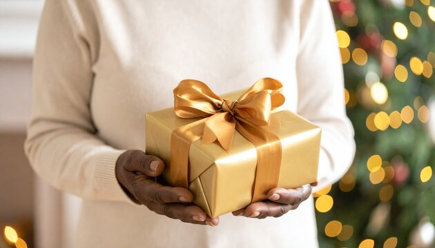 Close-up of hands holding a beautifully wrapped festive gift