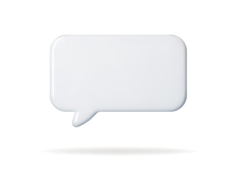 White 3D speech bubble icon with a soft rectangular shape. Clean minimal chat balloon for messages, comments, notifications and UI design. Smooth isolated render on white background