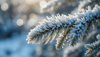 A hyper-realistic macro close-up of a pine branch covered in delicate frost, glowing in cold morning sunlight with sparkling bokeh for a crisp winter nature wallpaper.