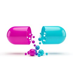 Colorful Pill Capsule Exploding with Spherical Granules.
