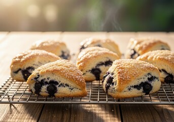 Freshly baked, steaming hot blueberry scones cooling on a wire rack outdoors in soft morning sunlight