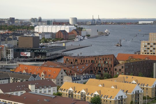 View from the Vor Frelsers Kirke to neighbourhoods Christianshavn, Gammelholm, &Oslash;sterport and Nordhavn, Copenhagen, Denmark