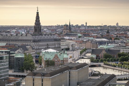 City centre with stock exchange, Christiansborg Palace and Gammel Strand, Copenhagen, Denmark