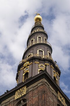 Corkscrew-shaped tower of the Evangelical Lutheran Church of the Saviour, in front of Frelsers Kirke, Christianshavn, Copenhagen, Denmark