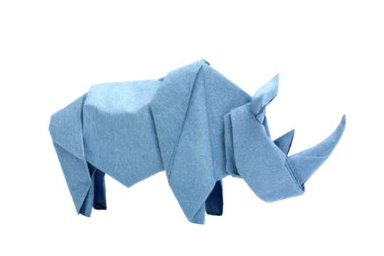blue origami paper rhino isolated on white or transparent png