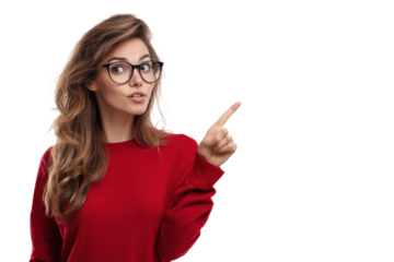 young woman pointing at something on her right side with finger or gesture isolated on white or transparent png