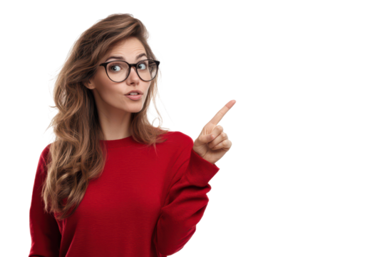 young woman pointing at something on her right side with finger or gesture isolated on white or transparent png