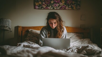 A young woman focused on her laptop while sitting on the bed