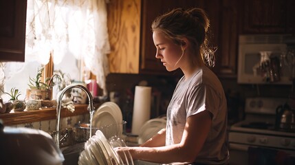 A woman washing dishes in a sunlit kitchen, creating a sense of everyday life, The woman has a focused expression