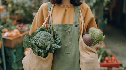 A woman with two bags of fresh vegetables and groceries, enjoying her day out