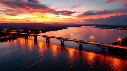Obraz premium Sunset bridge viewed from above with a sky full of warm glowing light