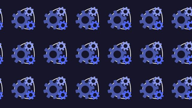 Seamless pattern backdrop of interlocked gear icons in a tile background animation. Repeating wallpaper with engineering, process, and strategy symbols. Cogwheel mechanism cartoon graphic.