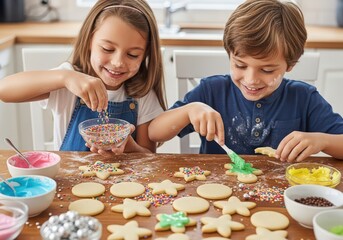 Happy brother and sister decorating sugar cookies with colorful icing and sprinkles together at a kitchen table