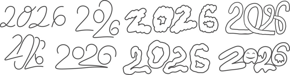 2026 new year number set in hand drawn style. Year of fire horse illustration for decoration design mail posts postcards poster print invitation background backdrop wrapping wallpaper banner textile