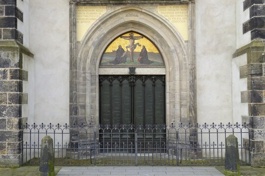 All Saint Church or Castle Church, Theses door where Martin Luther posted in Latin his 95 theses, Luther City Wittenberg, Saxony Anhalt, Germany