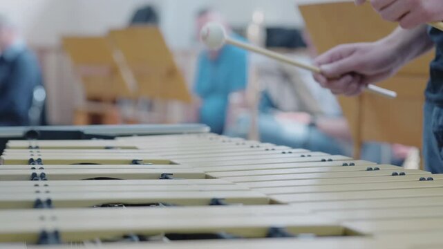studio scene with vibraphone and performers, closeup of mallets hitting metal bars during rehearsal . Media