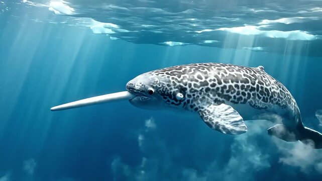 Spotted Narwhal with a distinctive unicorn-like tusk swimming under the Arctic sea ice layer, illuminated by natural sun rays, excellent for environmental and nature projects.
