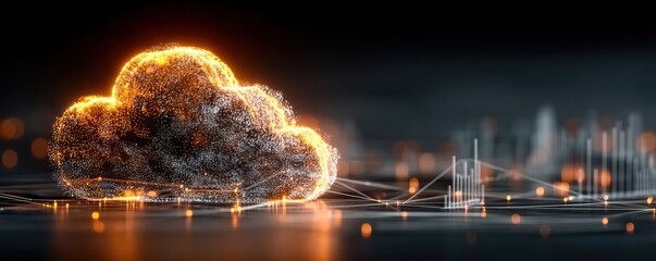Glowing cloud icon surrounded by miniature data blocks representing a connected digital network and futuristic cloud computing concept