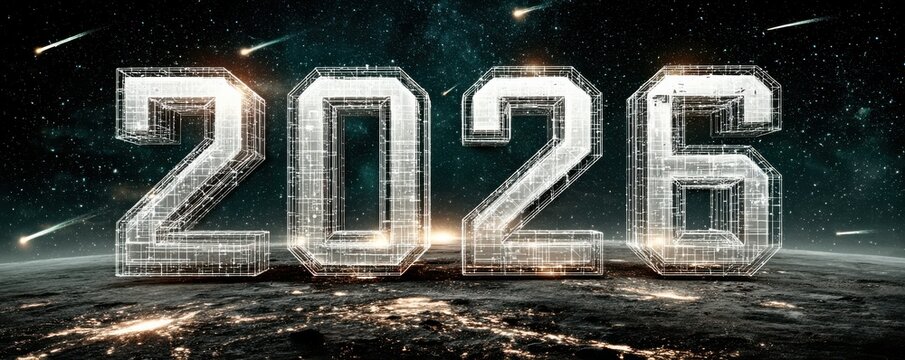 Futuristic wireframe numbers forming 2026 against a cosmic background for a tech future concept
