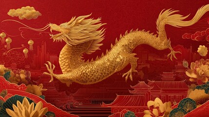 Obraz premium A majestic golden dragon gracefully soaring against a vibrant red backdrop, symbolizing power and tradition in Asian culture.