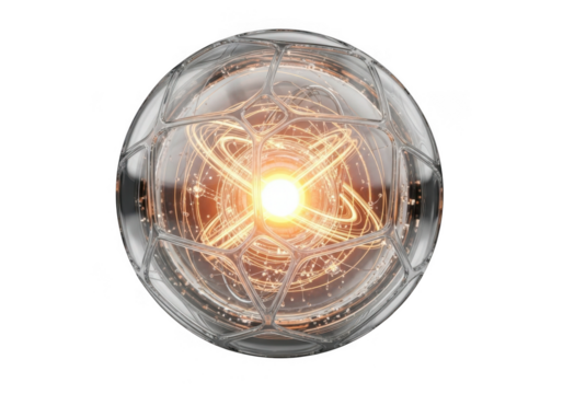 Glowing atomic core sphere isolated on transparent background for technology and science concepts
