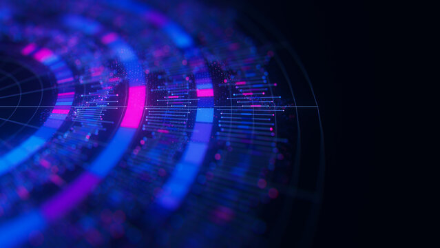 Closeup of Big Data complex round graph background. Quantum computing universe. Cyber space of AI technology. Futuristic graph. Digital qubit information presentation.