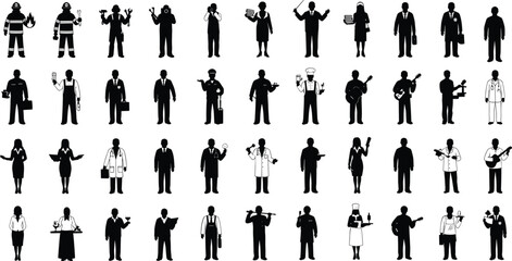 Profession silhouette icons, diverse careers, job roles, occupational attire, work tools, vocational variety, employment concept, black illustration, flat vector