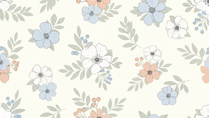 Delicate Floral Pattern with Soft Blue, Coral, and White Blossoms on a Cream Background