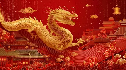 Obraz premium A majestic golden dragon winds through a vibrant red landscape, symbolizing power and prosperity in Chinese culture.