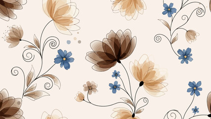 Elegant vintage-style seamless pattern with delicate swirling stems and artistic transparent flowers in brown and blue hues