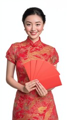 A smiling woman in traditional attire holds red envelopes, embodying cultural celebration and festive traditions.