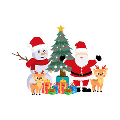 Cute Cartoon Santa Snowman and Reindeer with Christmas Tree