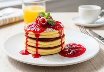 Delicious stack of fluffy pancakes topped with fresh raspberry sauce and mint garnish served with orange juice and coffee