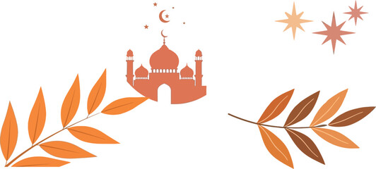 Minimalist islamic new year illustration with mosque moon stars and leaves