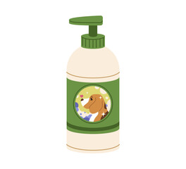 Dog shampoo bottle with a cute Beagle on the label. Professional pet grooming products, gel, conditioner. Isolated flat vector illustration.