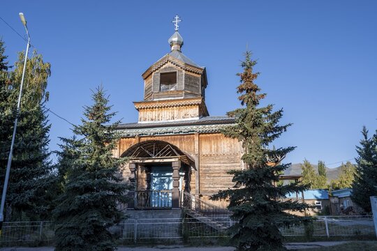 Wooden church, Russian Orthodox Church Tserkov, Teploklyuchenka, Kyrgyzstan